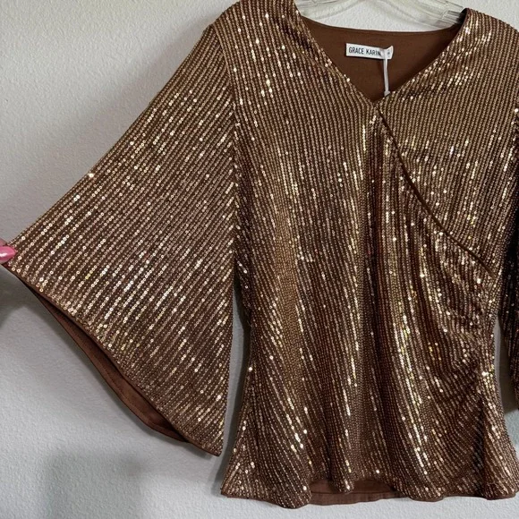 Grace Karin Sequin Top Women Medium Brown Glitter V-Neck 3/4 Sleeve Party Blouse - Picture 3 of 12
